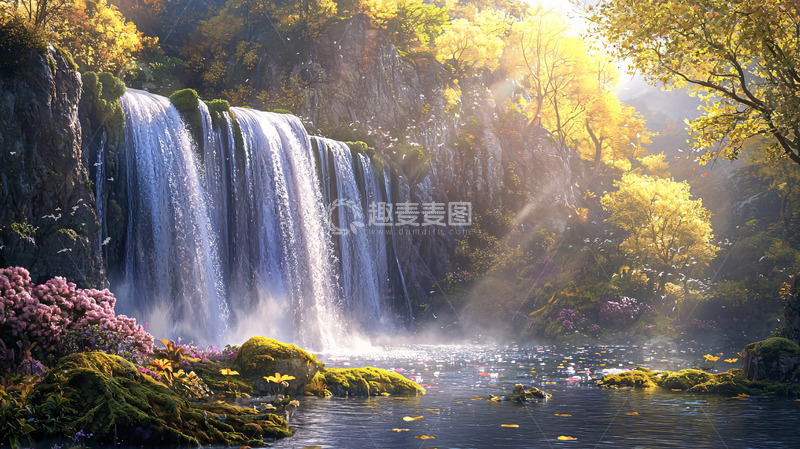 高清大图下载【趣麦麦图】阳光森林瀑布