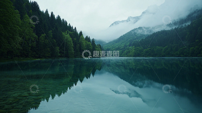 高清大图下载【趣麦麦图】雾气朦胧的山湖景色