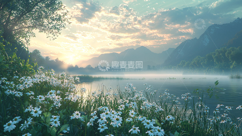高清大图下载【趣麦麦图】清晨湖边野花盛开