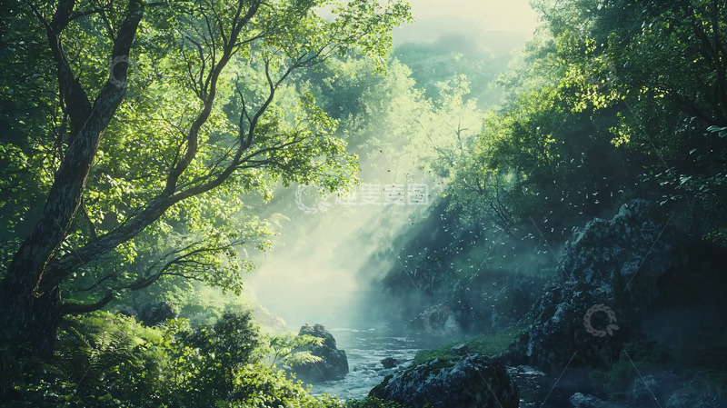 高清大图下载【趣麦麦图】阳光森林溪流
