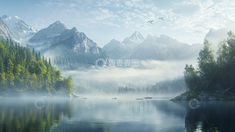 高清大图下载【趣麦麦图】山峰倒影湖泊晨雾