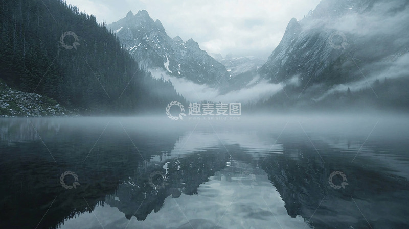 高清大图下载【趣麦麦图】雾气弥漫的山湖景色