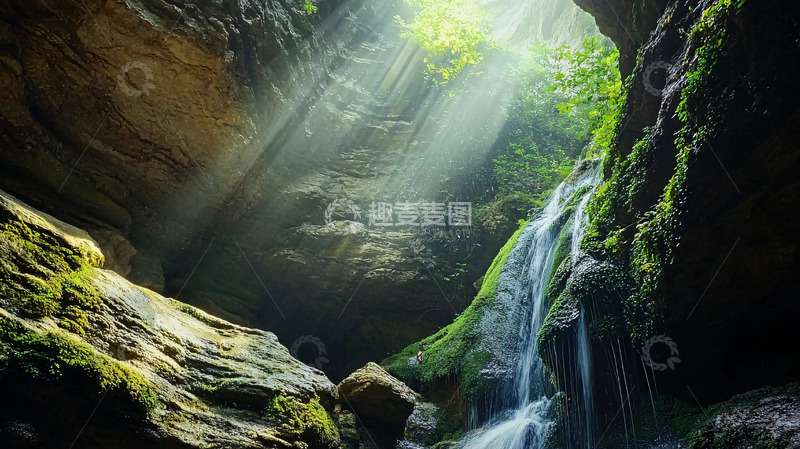 高清大图下载【趣麦麦图】洞穴瀑布阳光