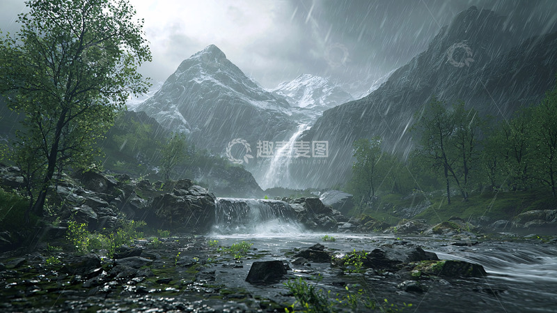 高清大图下载【趣麦麦图】雨中高山瀑布