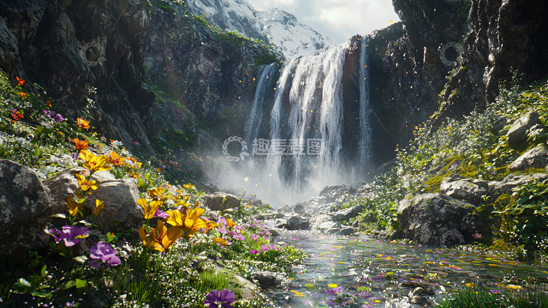 高清大图下载【趣麦麦图】山谷瀑布鲜花盛开