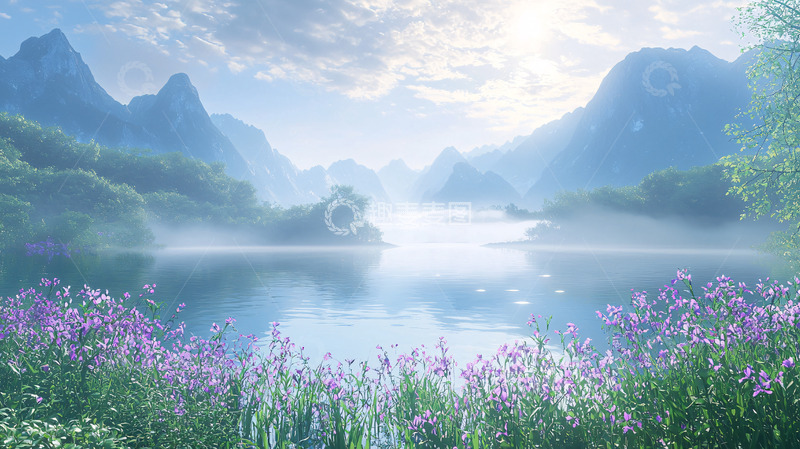 高清大图下载【趣麦麦图】清晨雾气缭绕的山水画