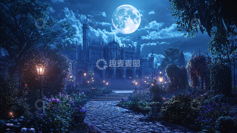 高清大图下载【趣麦麦图】月光下的城堡花园