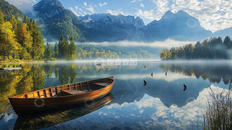 高清大图下载【趣麦麦图】清晨湖边木船倒影