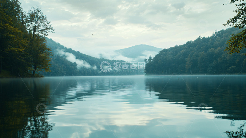 高清大图下载【趣麦麦图】雾气缭绕的山湖景色