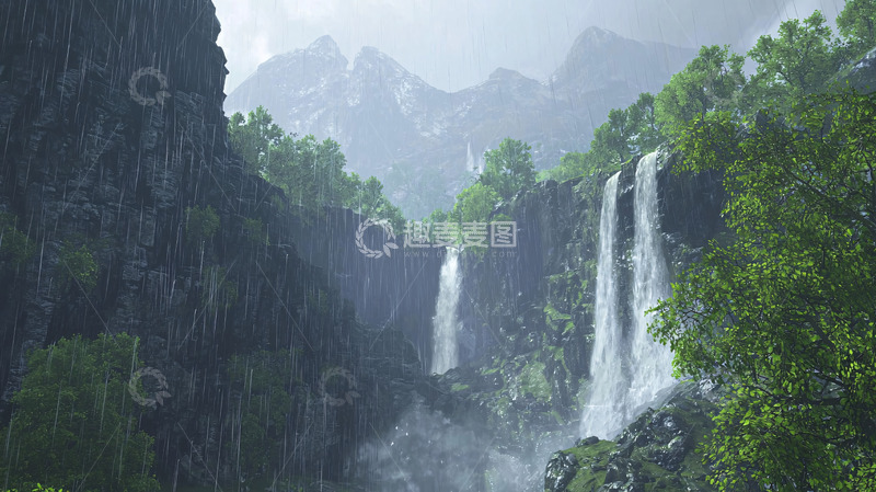 高清大图下载【趣麦麦图】雨中瀑布峡谷景色