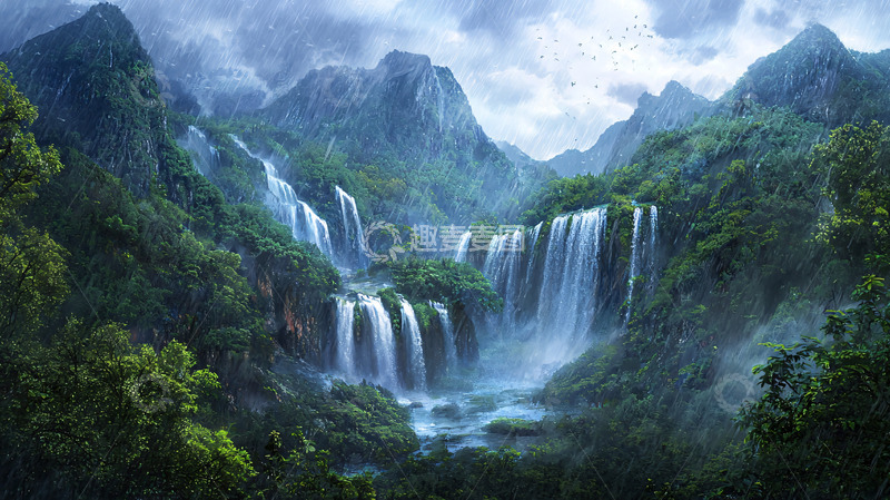 高清大图下载【趣麦麦图】山谷瀑布风景