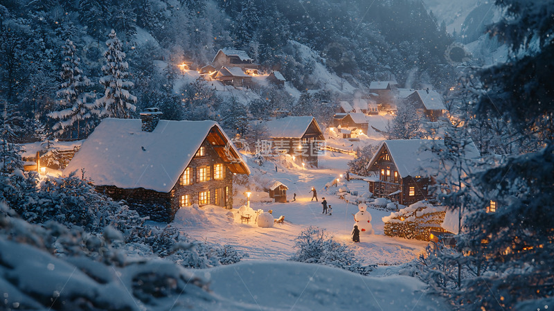 高清大图下载【趣麦麦图】雪夜山村