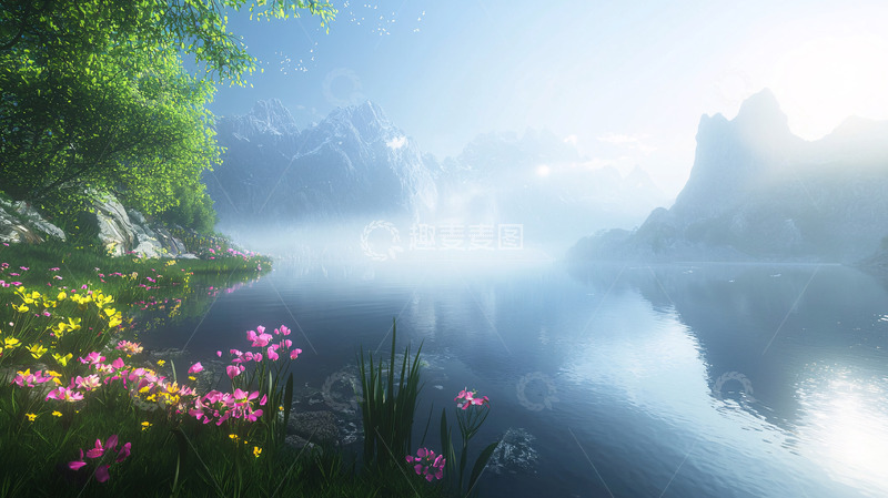 高清大图下载【趣麦麦图】清晨湖边朦胧山景
