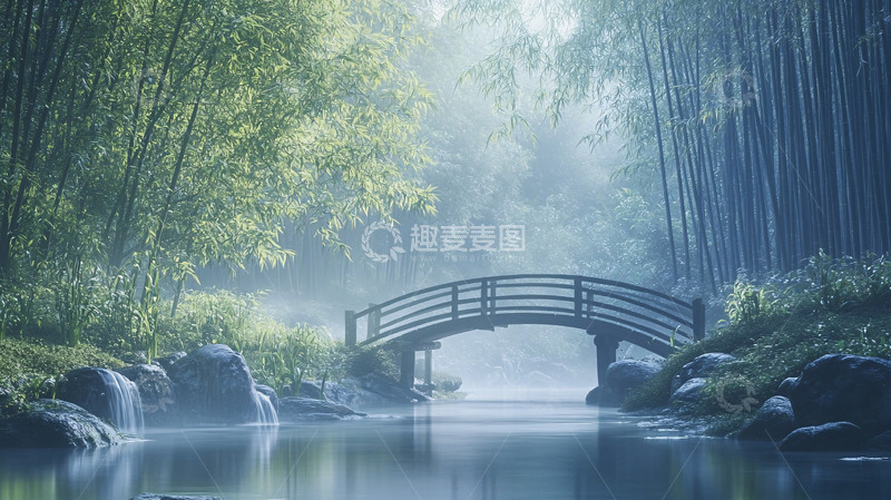 高清大图下载【趣麦麦图】雾气弥漫的竹林小桥