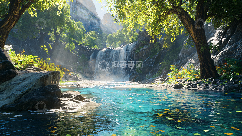 高清大图下载【趣麦麦图】阳光森林瀑布碧潭