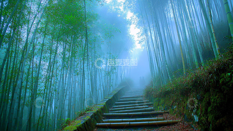 高清大图下载【趣麦麦图】雾气朦胧的竹林小径