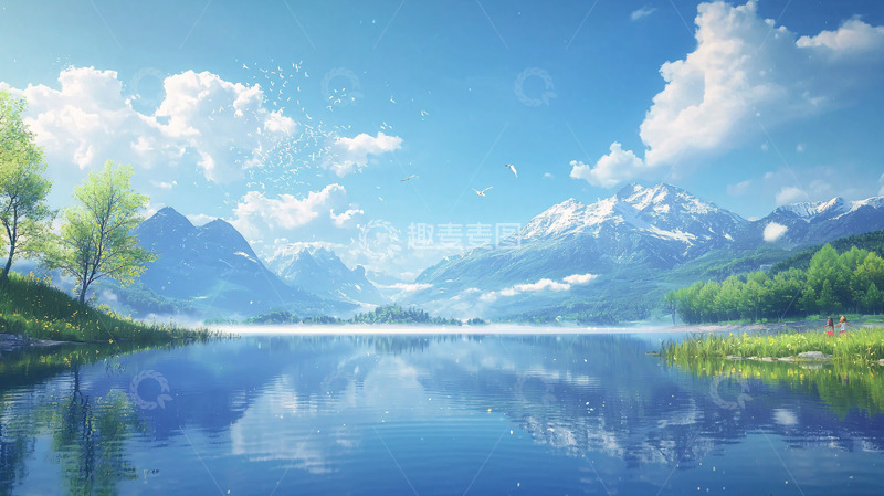 高清大图下载【趣麦麦图】阳光明媚的山湖景色
