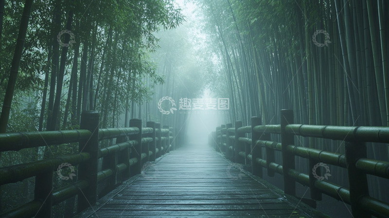 高清大图下载【趣麦麦图】雾气弥漫的竹林小路