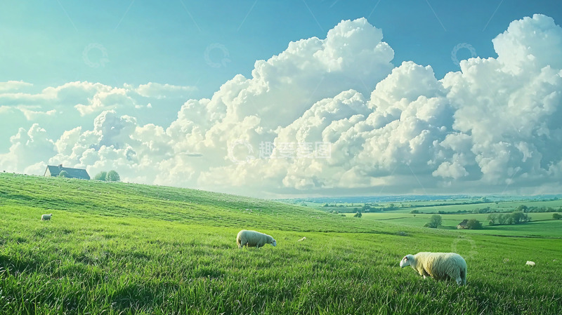 高清大图下载【趣麦麦图】阳光下绵羊吃草的田园风光