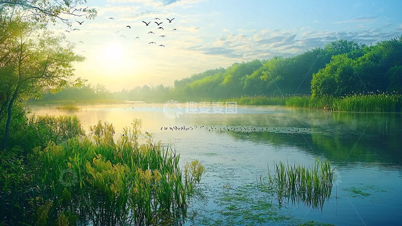 高清大图下载【趣麦麦图】清晨河流森林鸟类