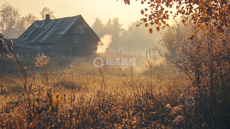 高清大图下载【趣麦麦图】秋日清晨的雾气田园小屋