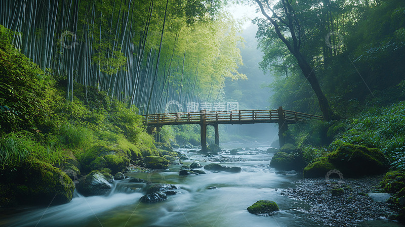 高清大图下载【趣麦麦图】竹林小桥流水