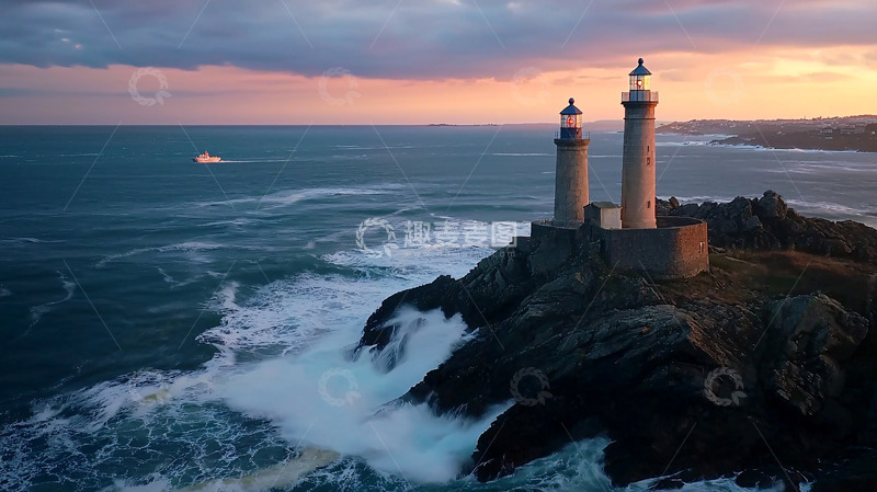 高清大图下载【趣麦麦图】海边双灯塔日落景色