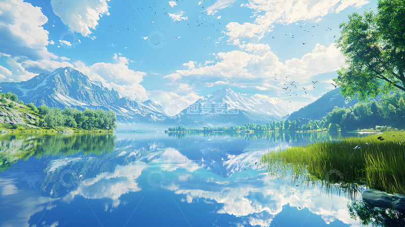 高清大图下载【趣麦麦图】蓝天白云下的雪山湖泊