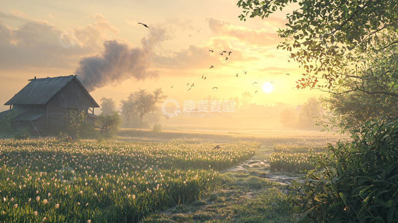 高清大图下载【趣麦麦图】清晨田园小屋