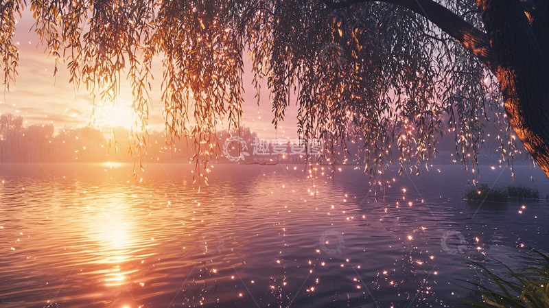 高清大图下载【趣麦麦图】夕阳下垂柳湖边景色