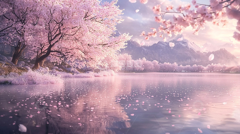 高清大图下载【趣麦麦图】唯美粉色樱花湖景