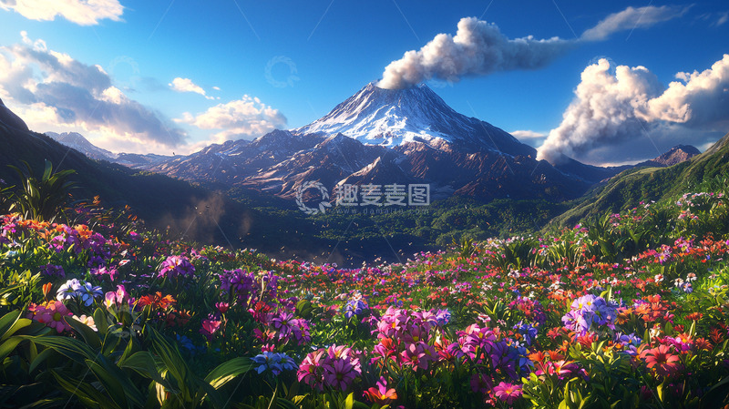 高清大图下载【趣麦麦图】雪山花海风景图