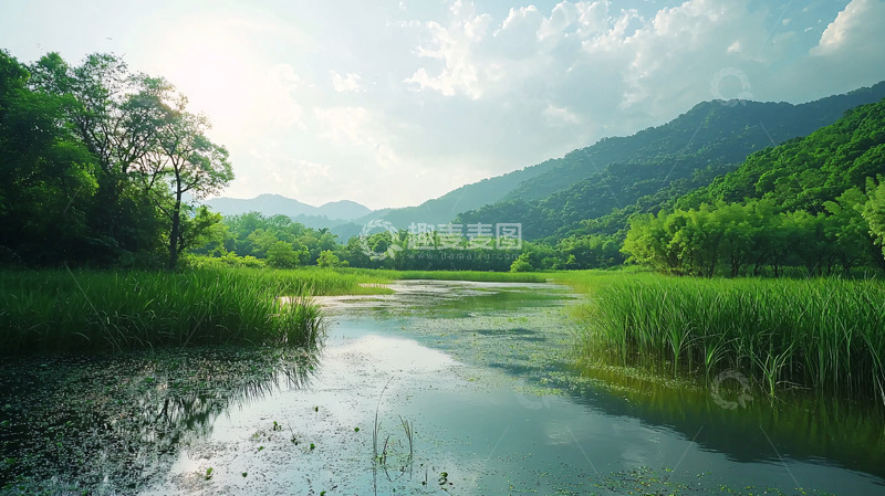 高清大图下载【趣麦麦图】阳光下的绿色山谷河流