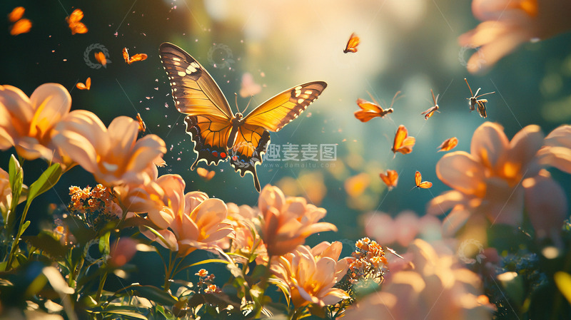 高清大图下载【趣麦麦图】阳光下飞舞的蝴蝶和百合花