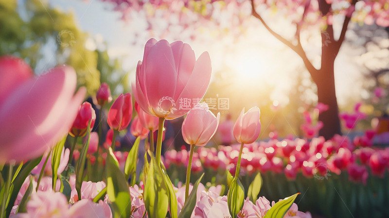 高清大图下载【趣麦麦图】阳光下的粉色郁金香花田
