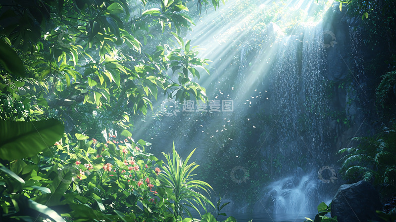 高清大图下载【趣麦麦图】阳光透过树林瀑布