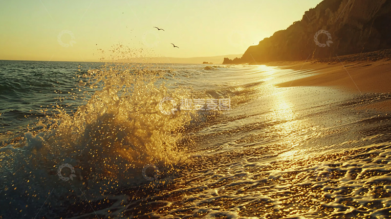 高清大图下载【趣麦麦图】海浪拍打沙滩日落