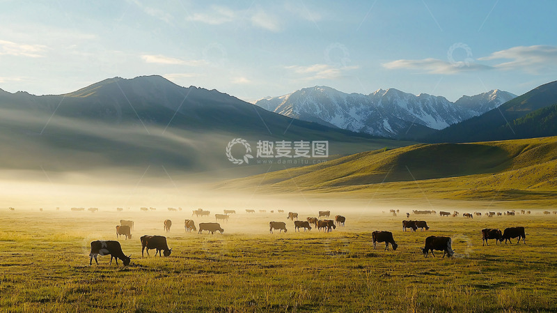高清大图下载【趣麦麦图】山峦牧场晨曦牛群