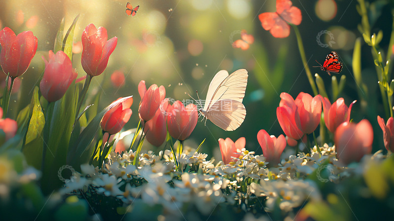 高清大图下载【趣麦麦图】郁金香花田蝴蝶