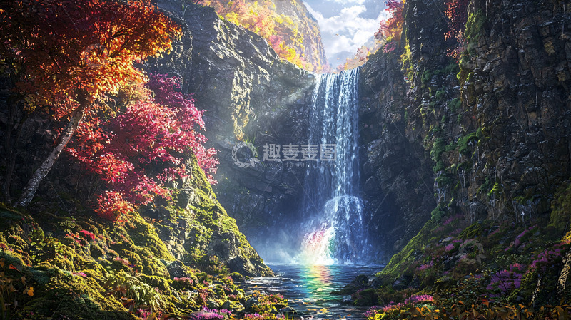 高清大图下载【趣麦麦图】秋日瀑布彩虹风景