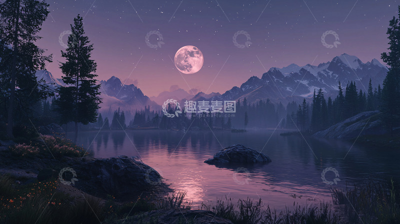 月夜湖边雪山风景