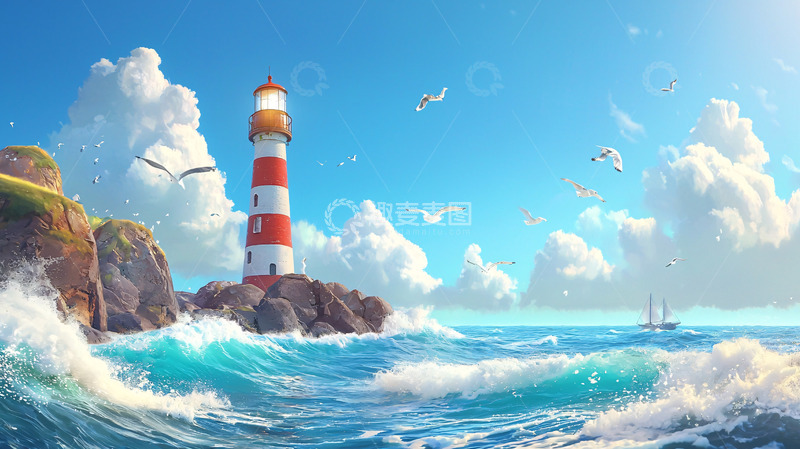 高清大图下载【趣麦麦图】红白相间灯塔海景图