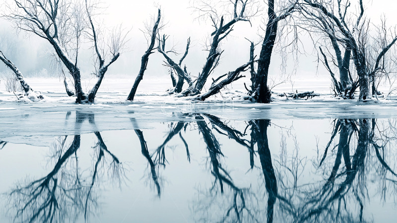 高清大图下载【趣麦麦图】雾气中枯树的倒影