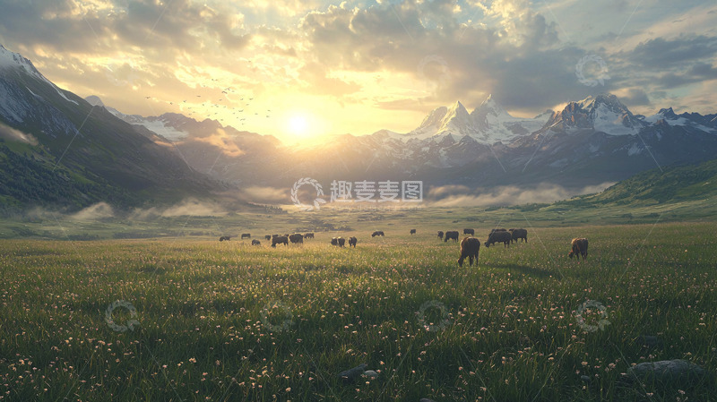 高清大图下载【趣麦麦图】落日余晖下的牧场