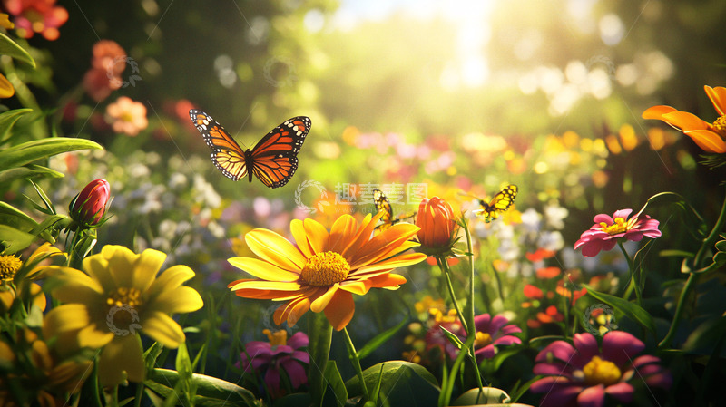 高清大图下载【趣麦麦图】阳光花海蝴蝶