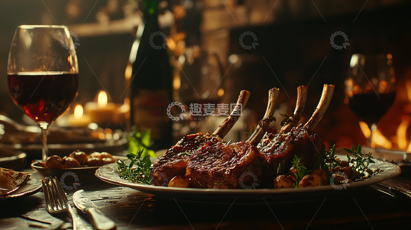 高清大图下载【趣麦麦图】红酒烤羊排烛光晚餐
