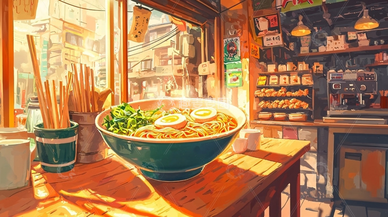 高清大图下载【趣麦麦图】阳光洒落的日式拉面店