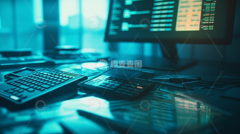高清大图下载【趣麦麦图】蓝色调办公桌金融数据