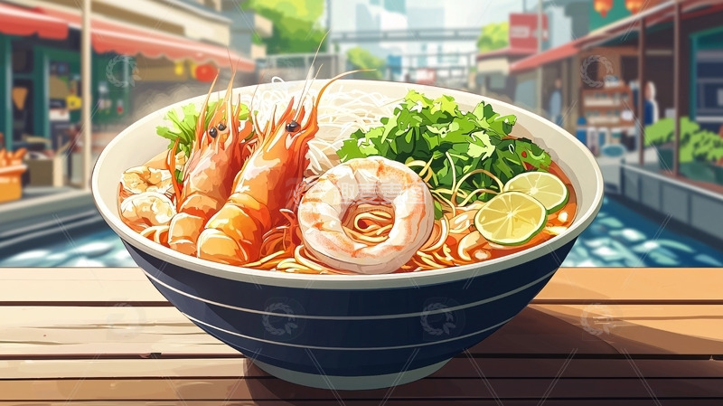 高清大图下载【趣麦麦图】手绘虾仁拉面