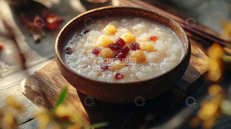 高清大图下载【趣麦麦图】木碗里红枣桂圆粥